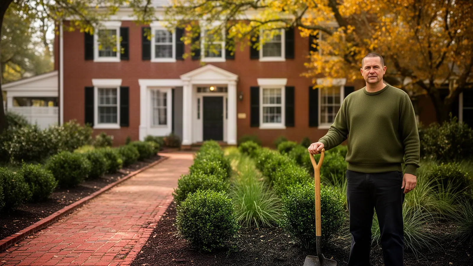 A landscaping-company owner standing with a spade among new boxwoods in the front garden of an old brick house.